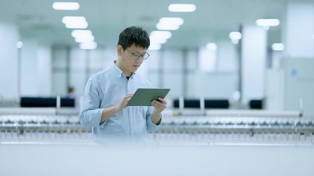 Engineer operating a tablet computer in a cleanroom semiconductor manufacturing facility
