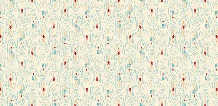 Seamless swimming pattern featuring floating swimmers and divers viewed from above. Minimal flat illustration with rhythmic water lines, inspired by pool movement and summer relaxation.