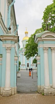 Golden domes of the St. Nicholas-Epiphany Naval Cathedral in summer day