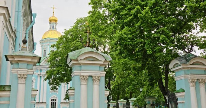 Golden domes of the St. Nicholas-Epiphany Naval Cathedral in summer day