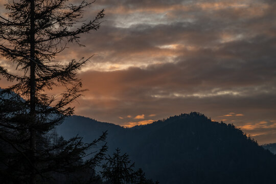 Mountains and hills town Bad Reichenhall in winter sunset evening