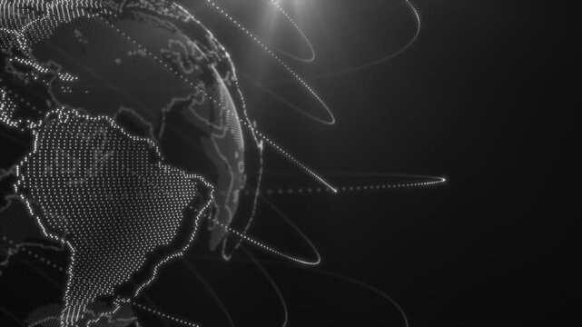 White and Black color rotating circular dots with globe data point network connection hi tech design loopable glowing breaking news background