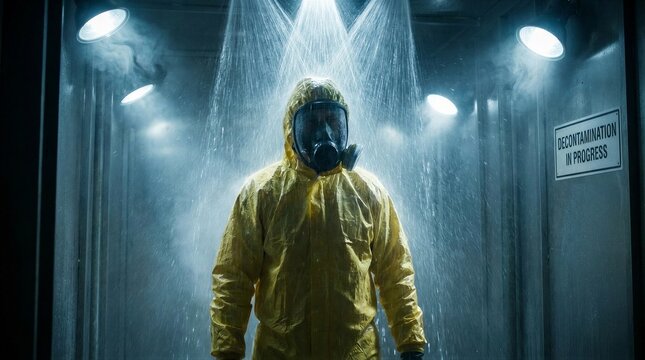 Man in yellow hazmat suit undergoing decontamination shower. Scientist safety protocol for biological hazards. Industrial worker protection