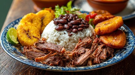 Delicious cuban ropa vieja with rice, beans, and sweet plantains on a plate.