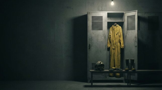 Chemical protective suit hanging in a locker. Hazardous material worker uniform with boots and gloves ready for lab work