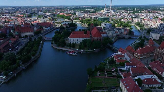 Dramatic Aerial Shadow Sweep of Ostr&oacute;w Tumski and the Odra River