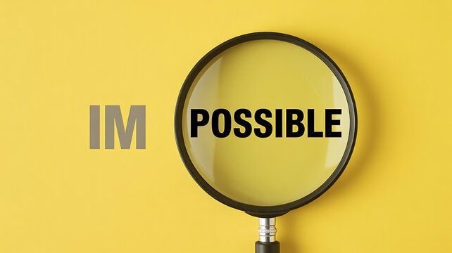 Magnifying glass revealing the word possible from impossible emphasizing positivity and optimism in a bright yellow background setting with bold typography and a sleek magnifier.
