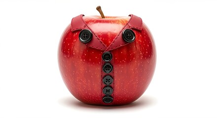 A creatively styled apple dressed in a leather jacket with black buttons on a white background.