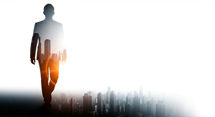 A silhouette of a man walking is overlaid on a city skyline. Bright lighting suggests a hopeful, business-driven theme.