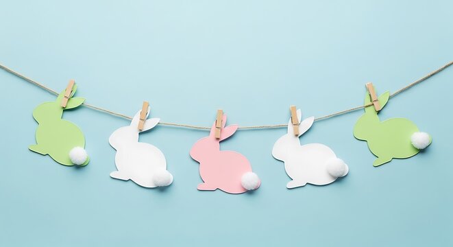 Colorful bunny decorations hanging on clothesline for easter holiday celebration