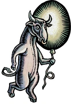 stock market bull holding a green balloon