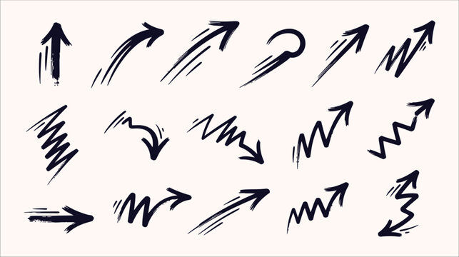 Energetic Set of Hand-Drawn Brush Stroke Arrow Vector Icons in Navy Blue, Conveying Dynamic Movement and Artistic Expression
