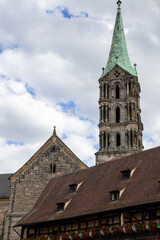 Obraz premium Bamberg Cathedral (Bamberger Dom) in Bamberg, Bavaria, Germany, 13th century Romanesque cathedral featuring the famous Bamberg Horseman statue and tomb of Emperor Henry II in UNESCO old town.