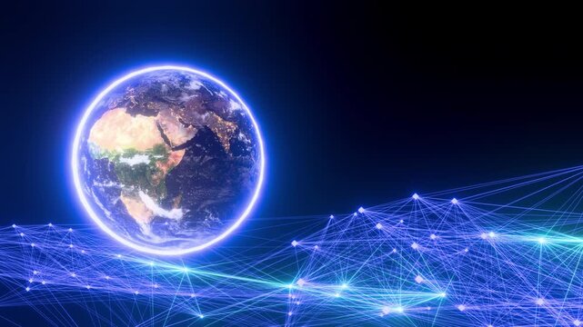 Rotating Earth and moving Plexus with glowing on dark black background animation created by geometric 3D modeling ProRes 4444 XQ.