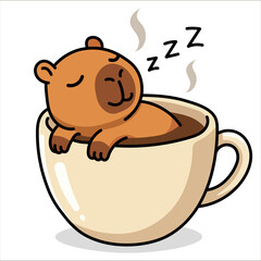 Sleepy capybara resting inside big cup vector illustration. Tired animal character taking nap in mug. Lazy rodent mascot dreaming. Funny relaxation coffee concept isolated art for print design.