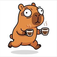 Fast running capybara vector illustration isolated on white. Energetic animal character rushing with coffee. Funny rodent mascot moving quick. Active wildlife creature sport art design concept.