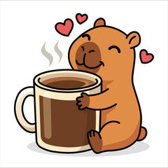 Funny cute capybara character vector illustration set. Happy animal holding big mug, running with energy, sleeping in cup and leaning on coffee machine. Kawaii mascot for morning caffeine concept.