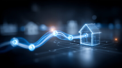 Obraz premium Holographic house with rising data line representing property market analytics and home value forecasting. 