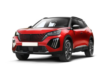 Isolated studio photo of a red modern SUV from a slight front left side angle on a transparent background.