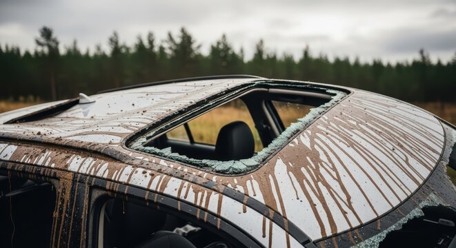 Damaged car with broken sunroof and muddy exterior in rural forested area on a cloudy day
