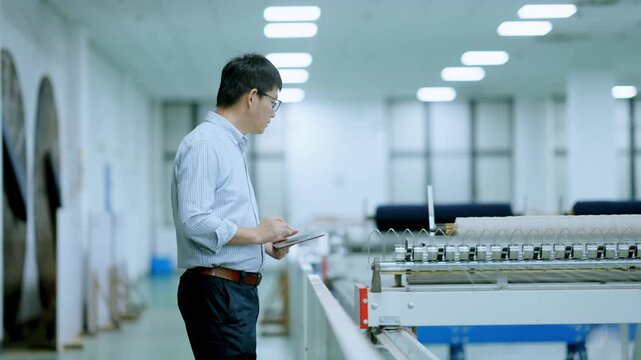 Engineer in factory workshop inspecting automated production line equipment