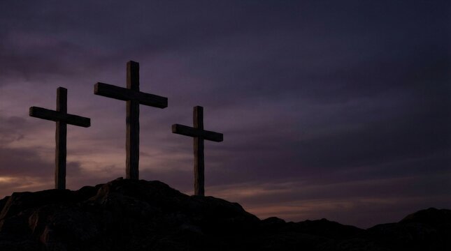 Three crosses on a hill with a dramatic dark sky. Christian religion and faith, Good Friday, and Easter concept