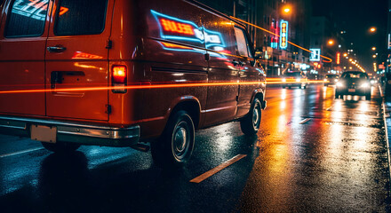 Naklejka premium A red vintage van drives through a rainy city street at night, surrounded by glowing neon signs and long exposure light trails. Generative AI.