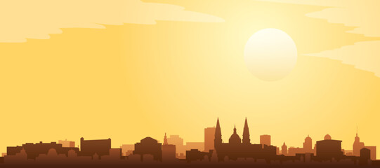 Golden yellow panoramic poster of the city skyline with misty background buildings and clouds of GUADALAJARA, MEXICO