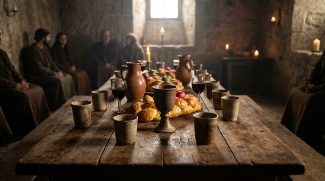 Traditional Easter meal with bread, eggs, and wine on a rustic table in a stone room, showing people gathered for a spiritual gathering