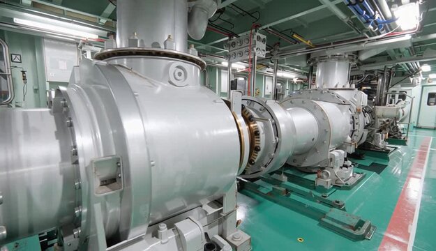 Rotating shaft line of main propulsion plant of passenger ship with intermediate bearings, sensors and pipe lines. Shaft is a link between engine and propeller which is used for ship moving