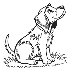 Fototapeta premium Cute puppy sitting on grass looking up, black and white line art for coloring book page or simple design element.
