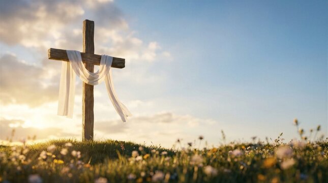 Wooden cross with white drape on a grassy hill under sunset sky. Christian Easter resurrection concept for spiritual design and celebration