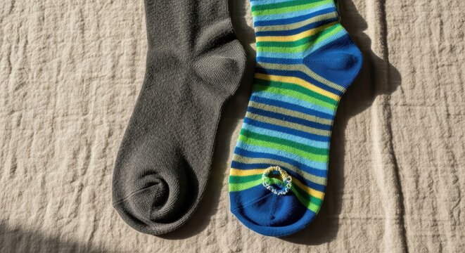 Contrasting socks on textured surface featuring solid gray and striped blue green patterns in sunlight