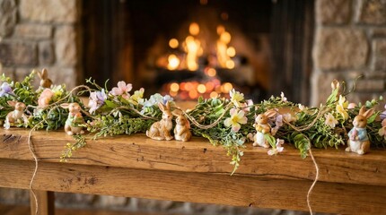 Festive Easter garland with bunny figurines and colorful flowers on a wooden mantelpiece, creating a cozy spring holiday decoration