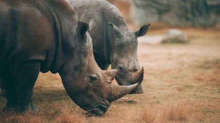 Obraz premium Two rhinos are eating grass in a field
