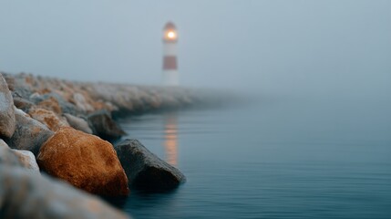 Foggy night with a lighthouse in the distance © progressman
