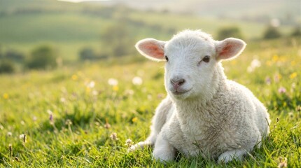 Young lamb resting in a green meadow. Spring animal on grass field. Cute farm animal for Easter greeting card