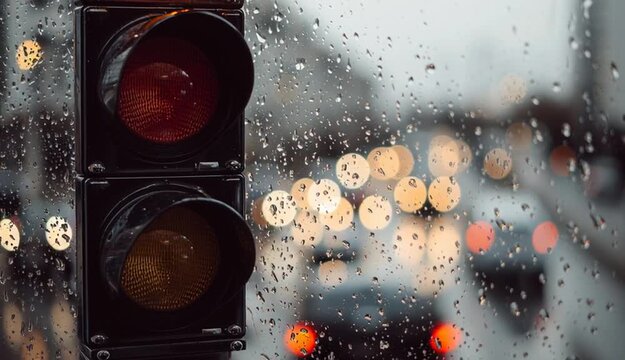 A traffic light with the red light on against a blurred background of a rainy city.