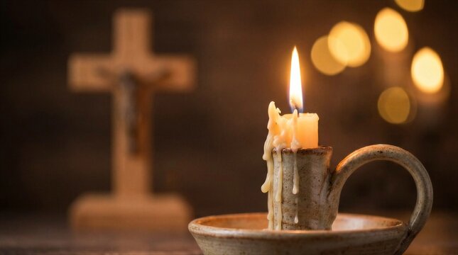 Burning candle in a rustic holder with a blurred cross in the background. Concept of Christian faith, remembrance, and Easter