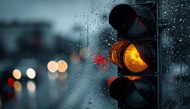 A traffic light with the red light on against a blurred background of a rainy city.