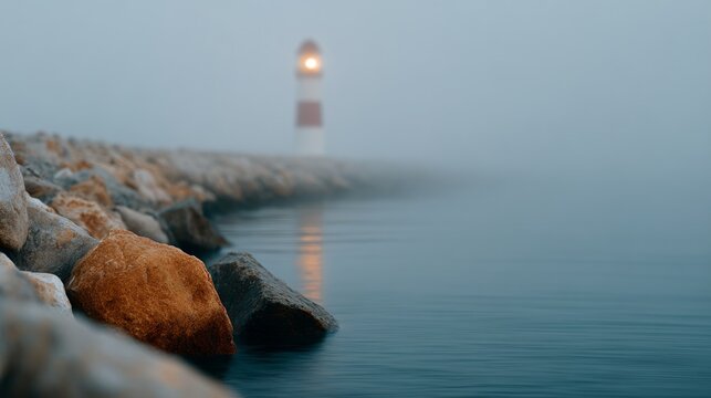 Foggy night with a lighthouse in the distance