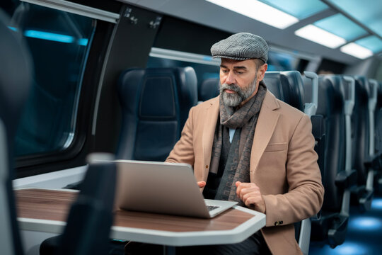 Digital nomad working on laptop during train journey