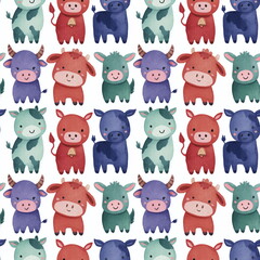 Fototapeta premium Seamless Pattern Cute Comic Farm Animals and Accessories for Kids Nursery Decor in Pastel Colors