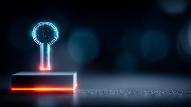 Glowing key symbol rising above a platform representing secure access control and encryption protection.
