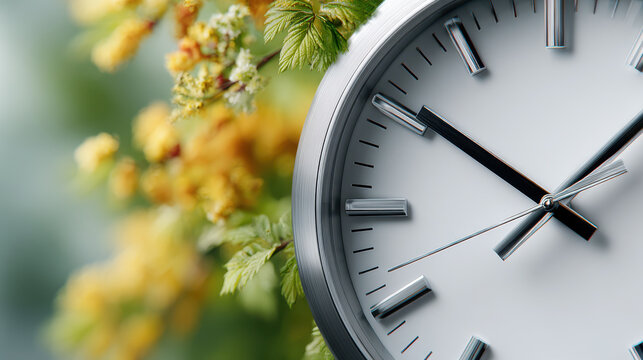 Spring forward time change concept with modern clock and yellow blooming branches. Clock turn forward one hour in spring