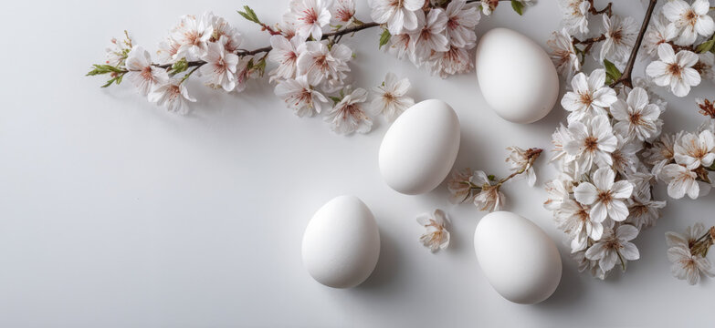 A composition of blossoming branches and pristine white eggs against a backdrop that evoke feelings of freshness and spring season.