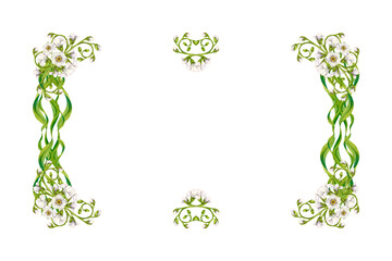 Vintage botanical frame with white flowers, green leaves. Elegant watercolor horizontal template, drawn in a botanical style for wedding invitations, labels, greeting cards, summer and spring decor