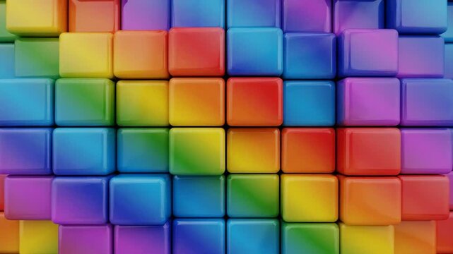 Vibrant rainbow cube mosaic background, glossy 3d blocks in tight grid, modern abstract texture for branding and web design, upbeat pride month vibe