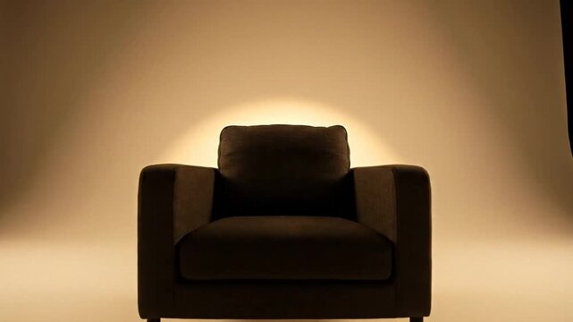 Single armchair centered in warm studio light, minimalist furniture scene for interior design ads and product mockups, calm cozy mood for autumn and winter decor