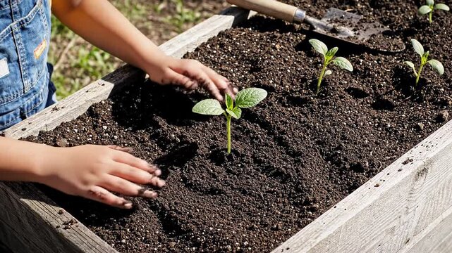 Hands planting young seedlings in a raised garden bed, practical home gardening and sustainable living theme, calm springtime growth mood for Earth Day content